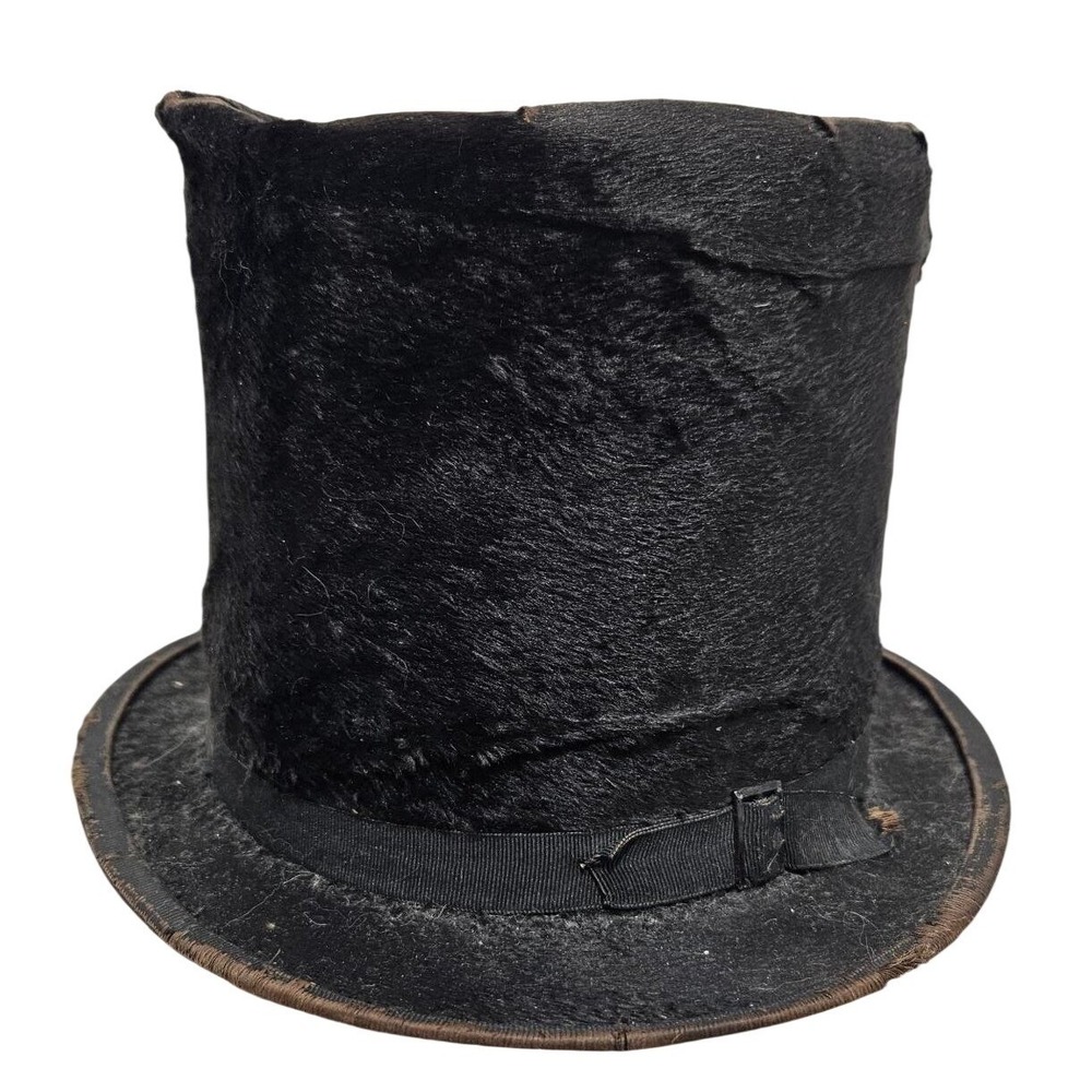 Antique‎ Black Fur Top Hat Mens Formal Victorian Era Style